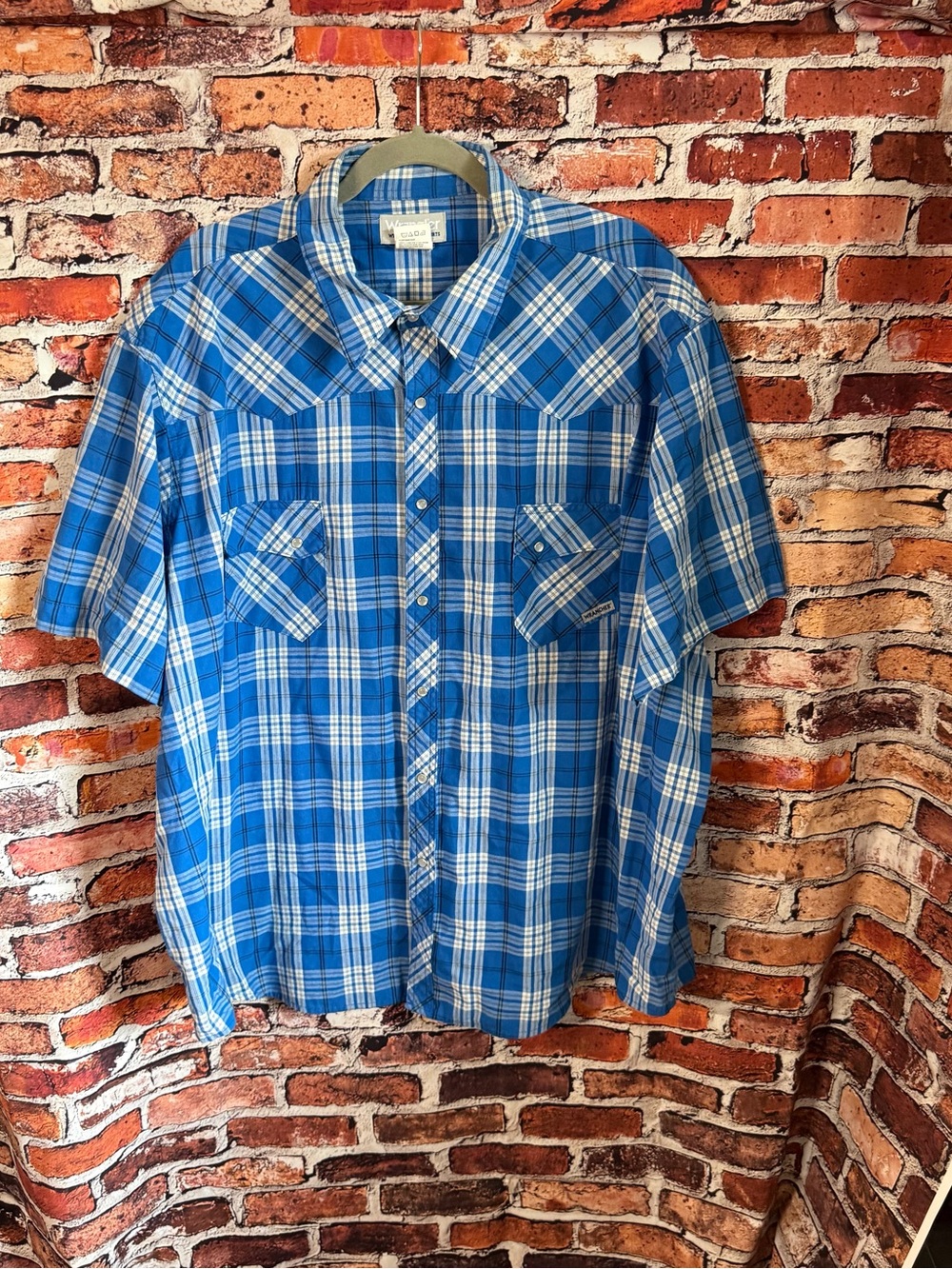 Wrangler Blue and White Plaid Short-Sleeve Button-Up Shirt Western Cowboy 3X